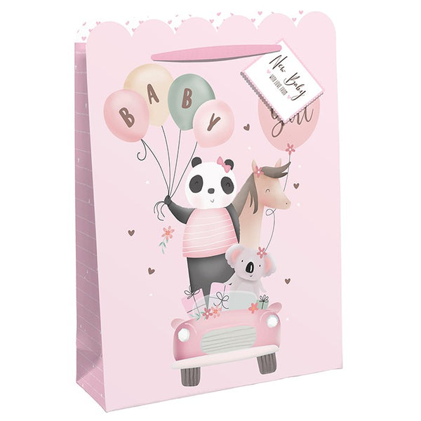 Baby Pink Panda Car White Kraft Large Gift Bag