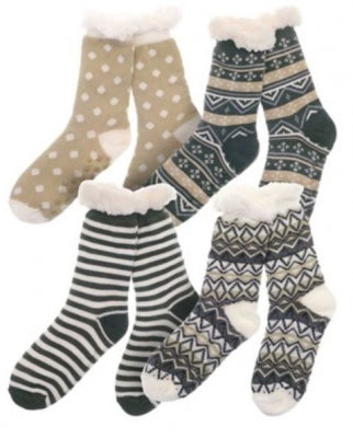Jacquard Design Fur Lined Slipper Socks With Grips Assorted