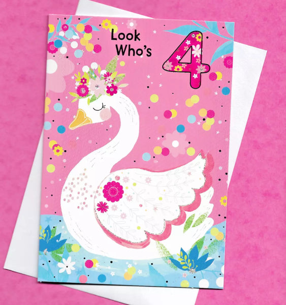 Age 4  Girl birthday Card SWAN