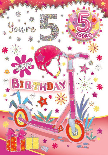 Age 5  Girl birthday Card with badge