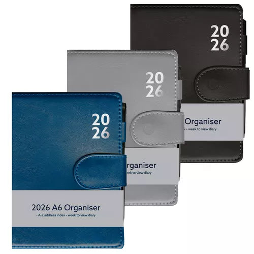 2026 (3 ASSORTED) A6 WEEK TO VIEW PREMIUM PADDED ORGANISER WITH FASTENER
