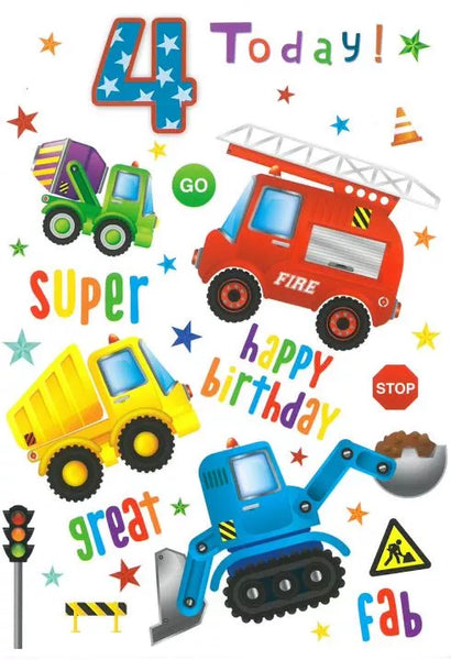 Age 4 Boy birthday Card - Vehicles