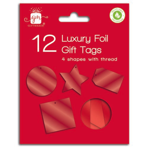 GIFTMAKER Pk12 DIE CUT RED FOIL GIFT TAGS WITH METALLIC STRING 25's
