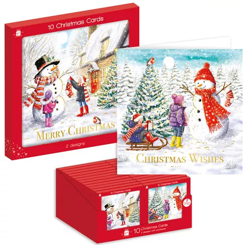 GIFTMAKER 10in BOXED SQUARE CHRISTMAS CARDS (2 DESIGNS) - FAMILY SNOWMAN