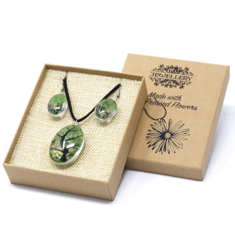 Pressed Flowers - Tree of Life Necklace & Earring set - Green