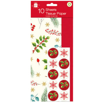 Tissue Paper with Seal Tabs -Foliage & Red - 10 Sheets