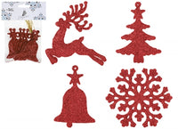 SET OF 8(4AST) HANGING GLITTER DECORATIONS IN PBH. RED