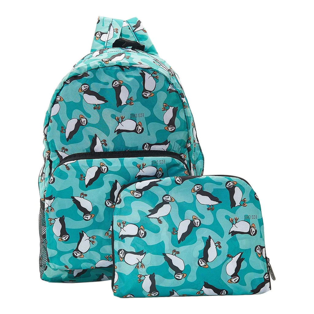 Eco Chic Lightweight Foldable Backpack Puffins Teal The Alderney Centre