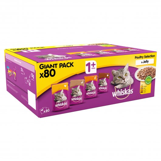 Whiskas 1+ Adult Cat Pouches Poultry Selection In Jelly Giant Pack 80x100g