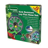 15m Lay Flat hose in cassette. Includes multi-setting spray gun and fittings.