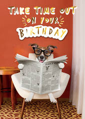 Birthday Greeting Card - Open - Dog Reading Newspaper