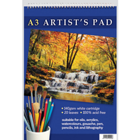 A3 ARTIST'S PAD 140GSM WHITE CARTRIDGE. 20 PAGES. 100% ACID FREE