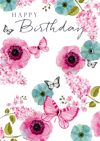 Birthday Greeting Card - Flowers & Butterflies