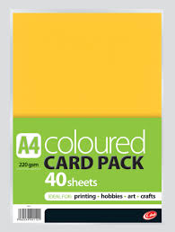 A4 COLOURED CARD PACK 220GSM 40 SHEETS