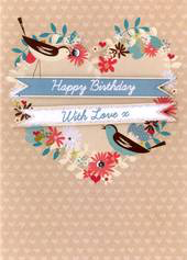 Birthday Greeting Card - Open - Birds on Heart - BLANK