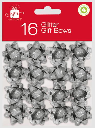 16 Mini Glitter Gift Bows Silver